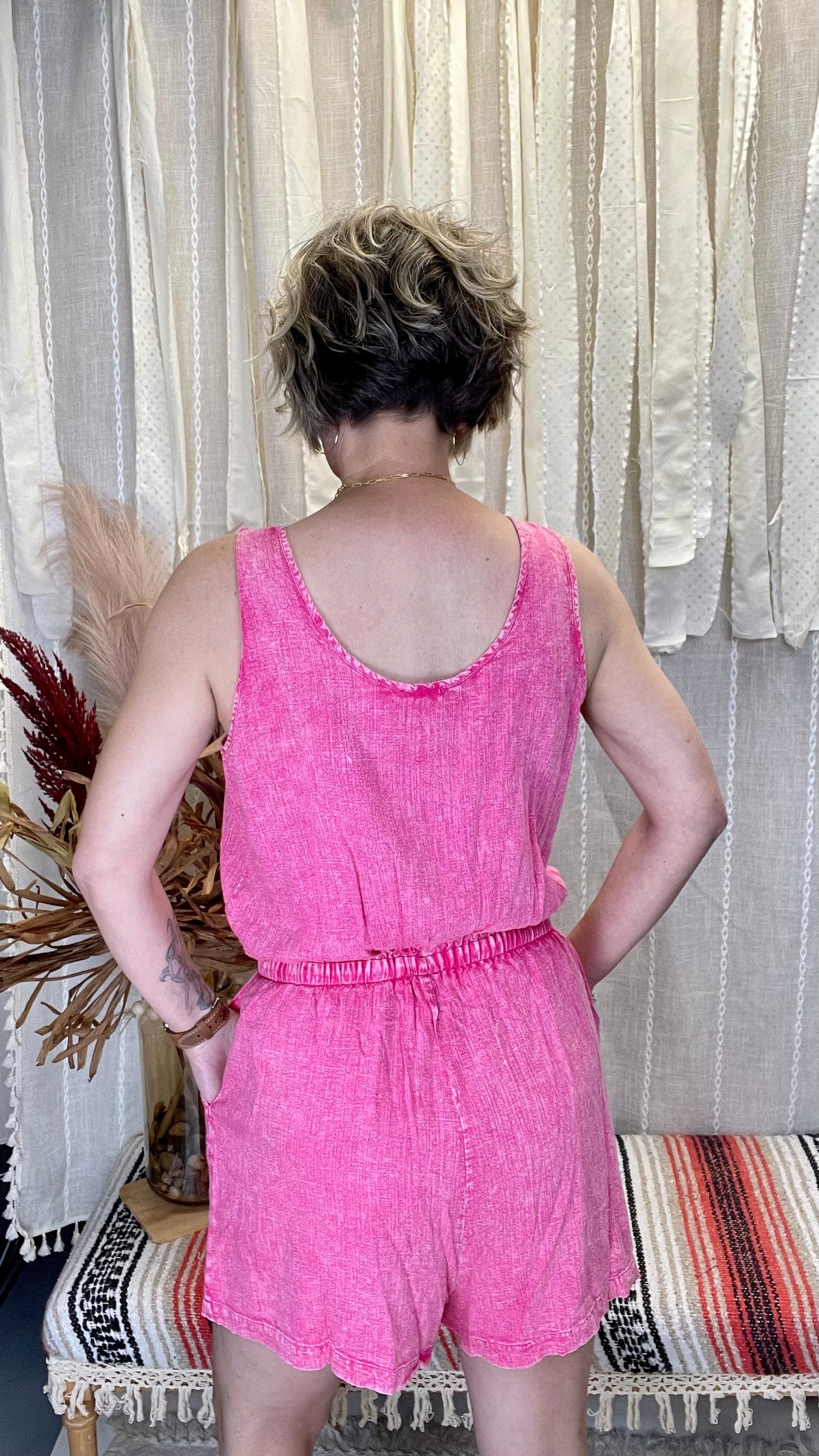 Pink stone washed romper 056